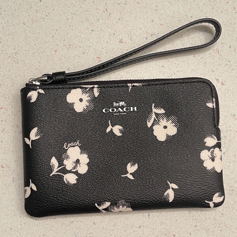 Coach Black and White Floral Corner Zip Wristlet